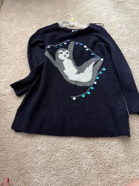 LC Lauren Conrad Navy Crewneck Sweater with Sloth Motif and Blue Sequin Accents